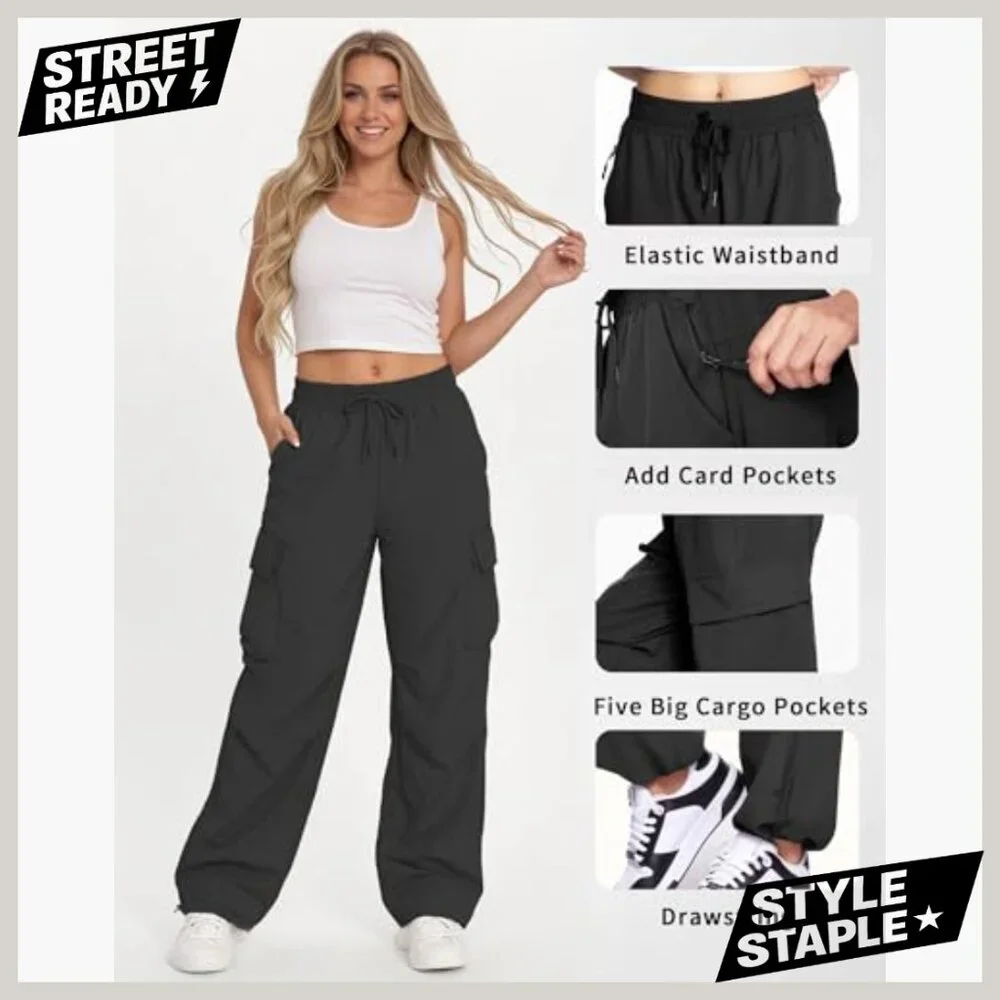 High Waisted Parachute Cargo Pants with 6 Pockets Quick Dry Water-Resistant - Picture 5 of 7